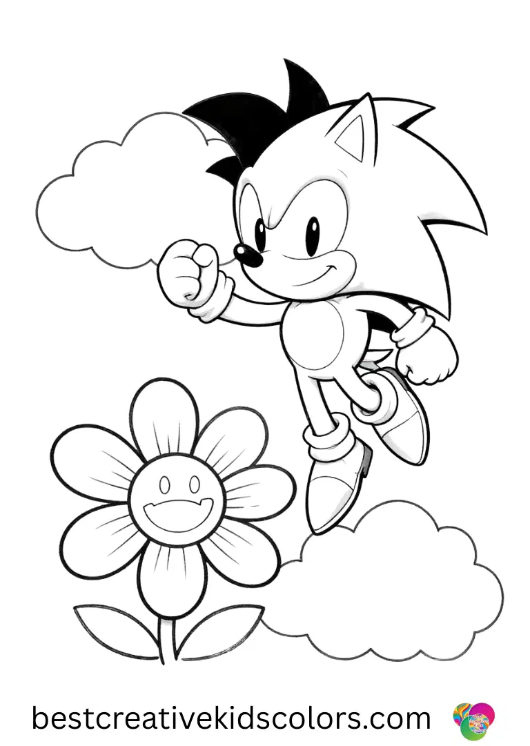 Sonic vs goku coloring pages easy has Sonic painting a flower while Goku floats beside a cloud.