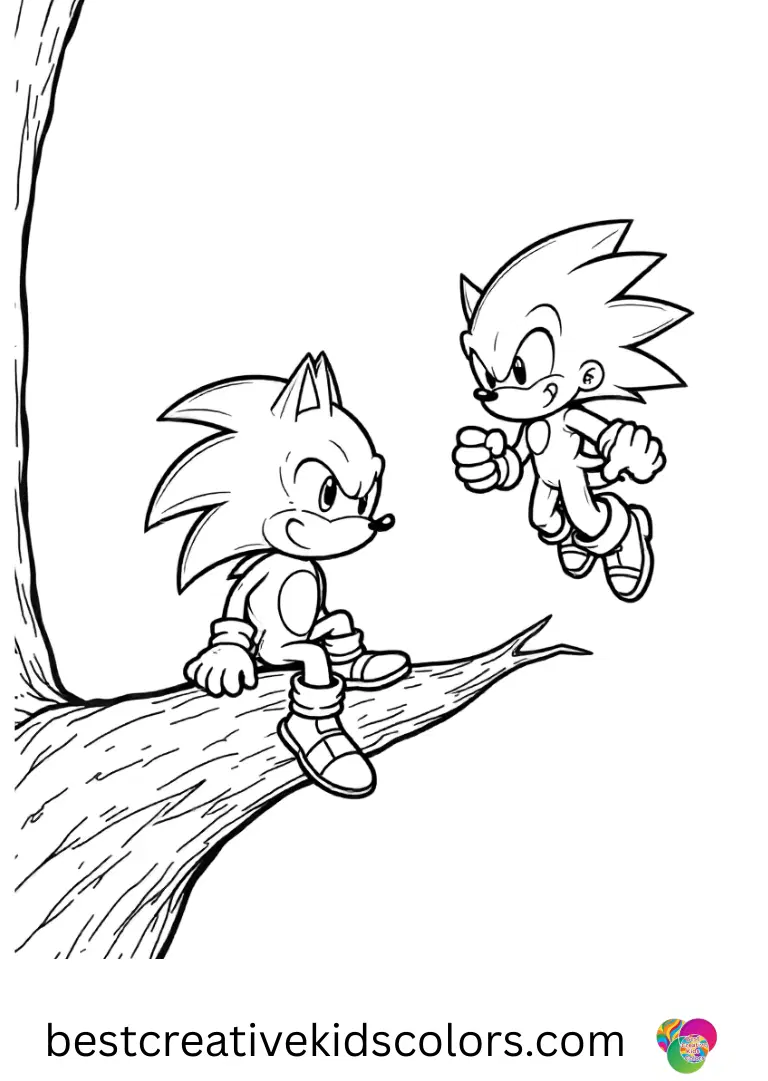 In these Sonic vs goku coloring pages free download, Sonic balances on a tree branch while Goku hovers nearby.