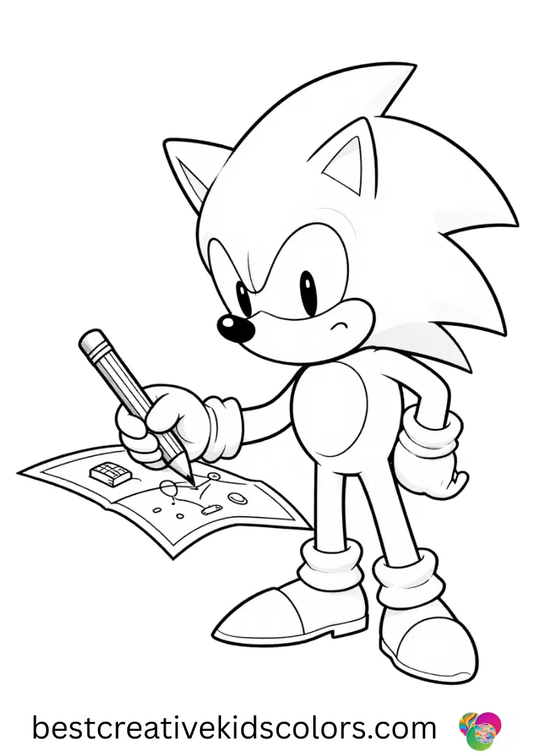Kids will enjoy Sonic vs goku coloring pages pdf free with Sonic sketching a map and Goku examining it.