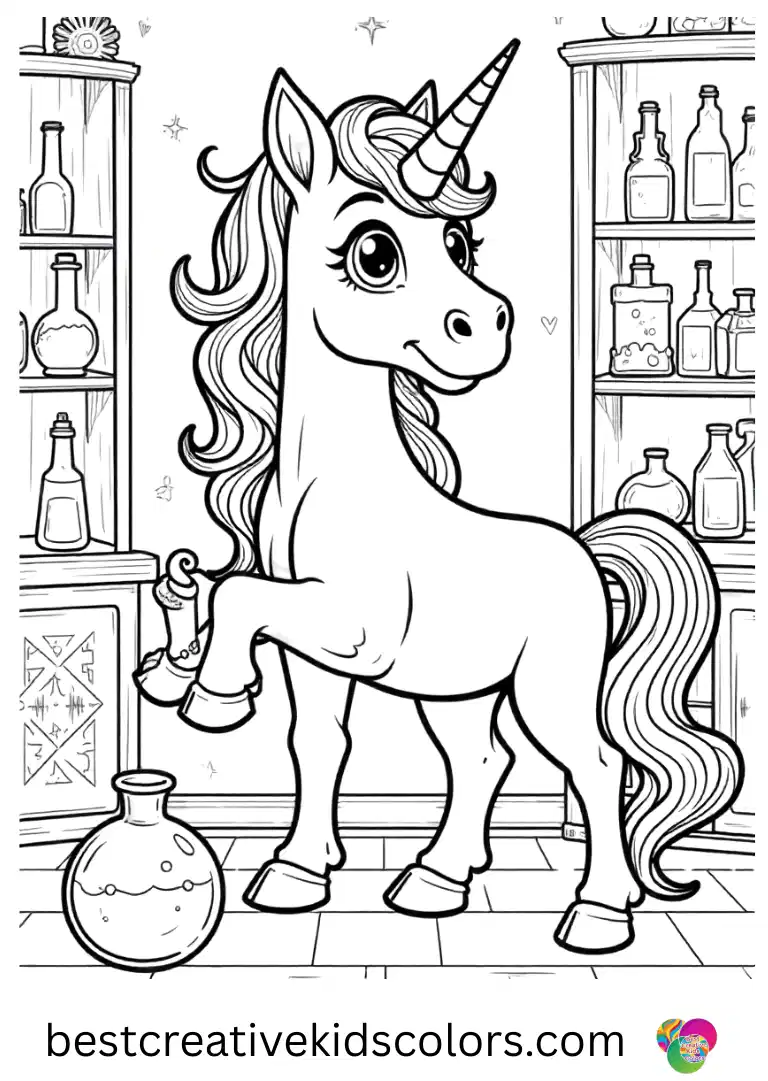 Sophia Unicorn Academy coloring pages show a unicorn painting magical potions in the enchanted lab.