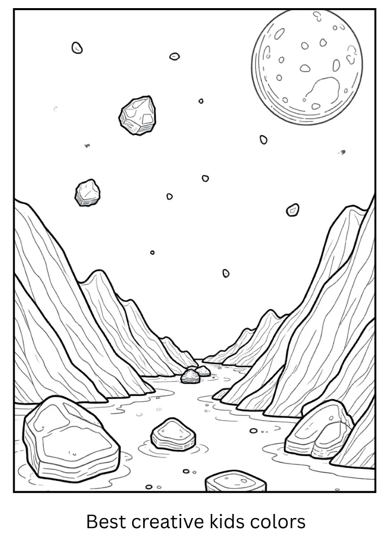 Space Scene Coloring Page with Asteroids