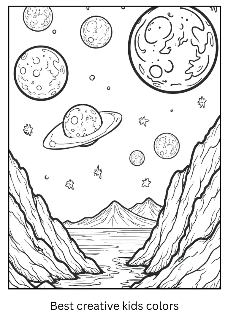 Space Scene Coloring Page with Moons