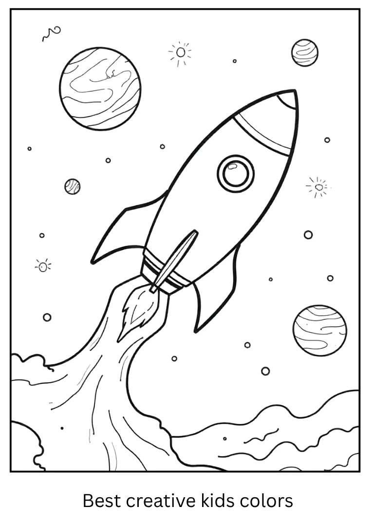 Space Scene Coloring Page with Planets and Rocket