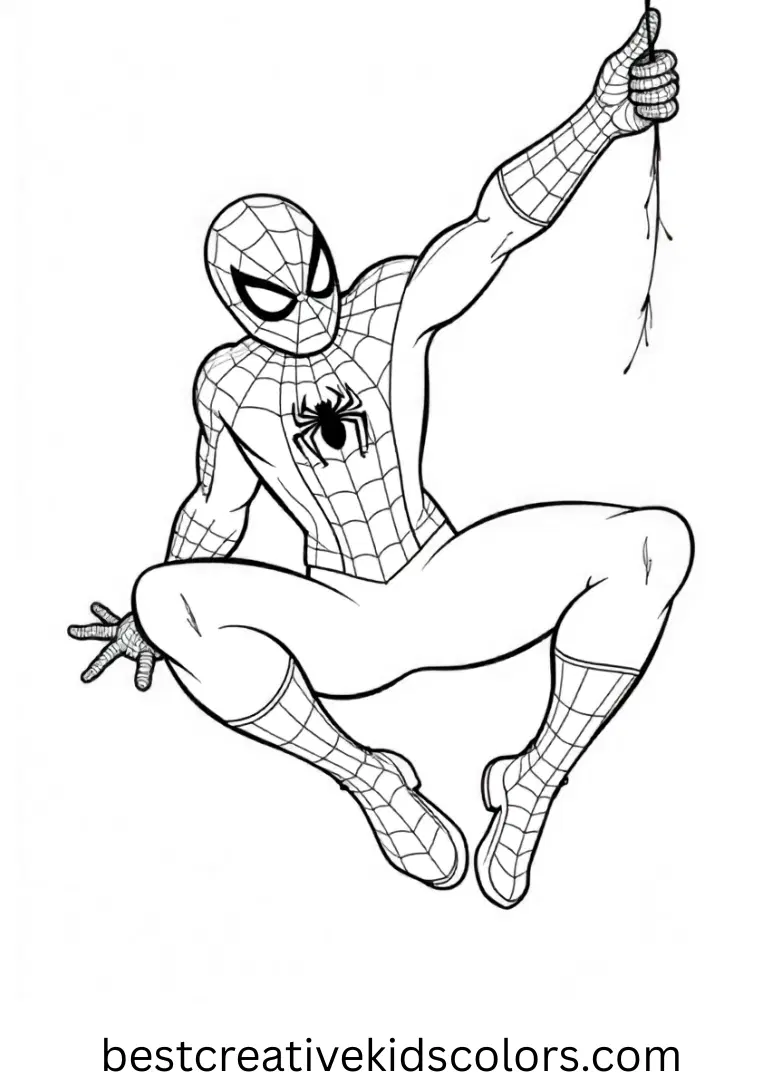 Spider-Man For Colouring swings gently from a web with one hand extended and a clear sky behind him.