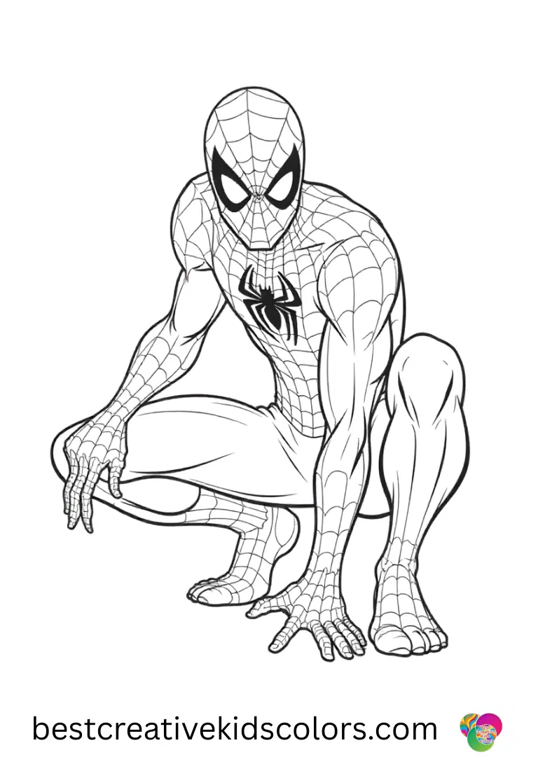 Spider-Man crouches low while shooting a web in Spider-Man coloring Page, centered on a blank background.