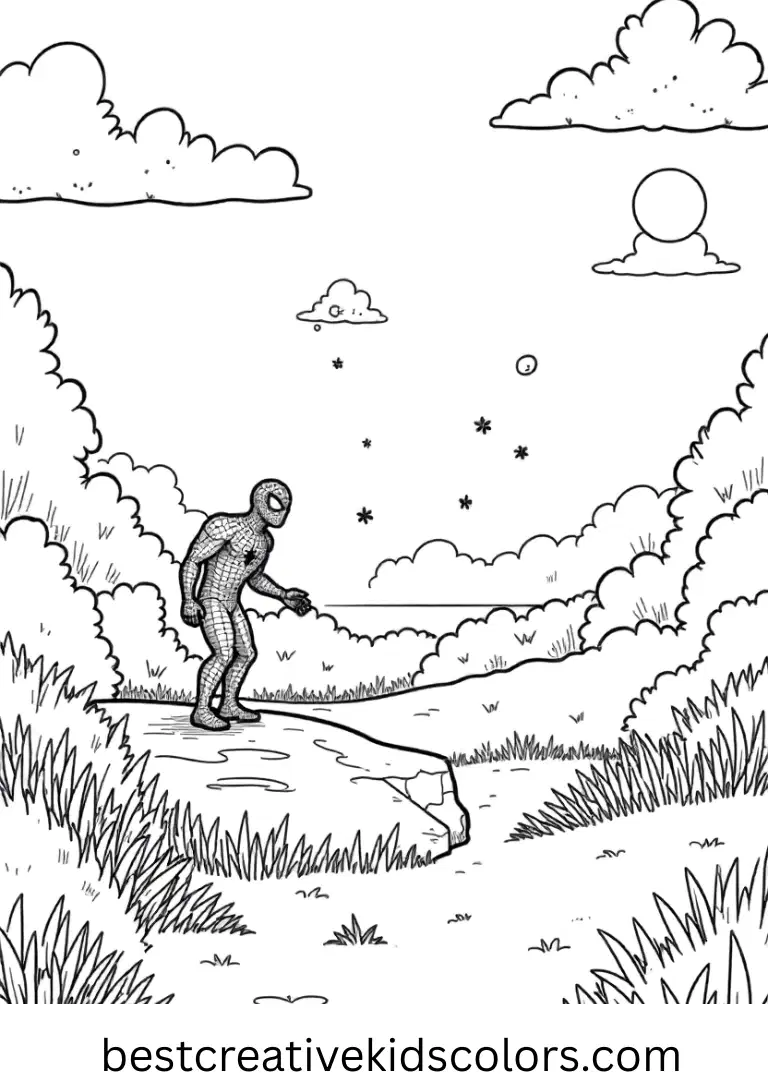 Spider-Man land forms gentle web lenses that reflect tiny fireflies under a calm evening sky.