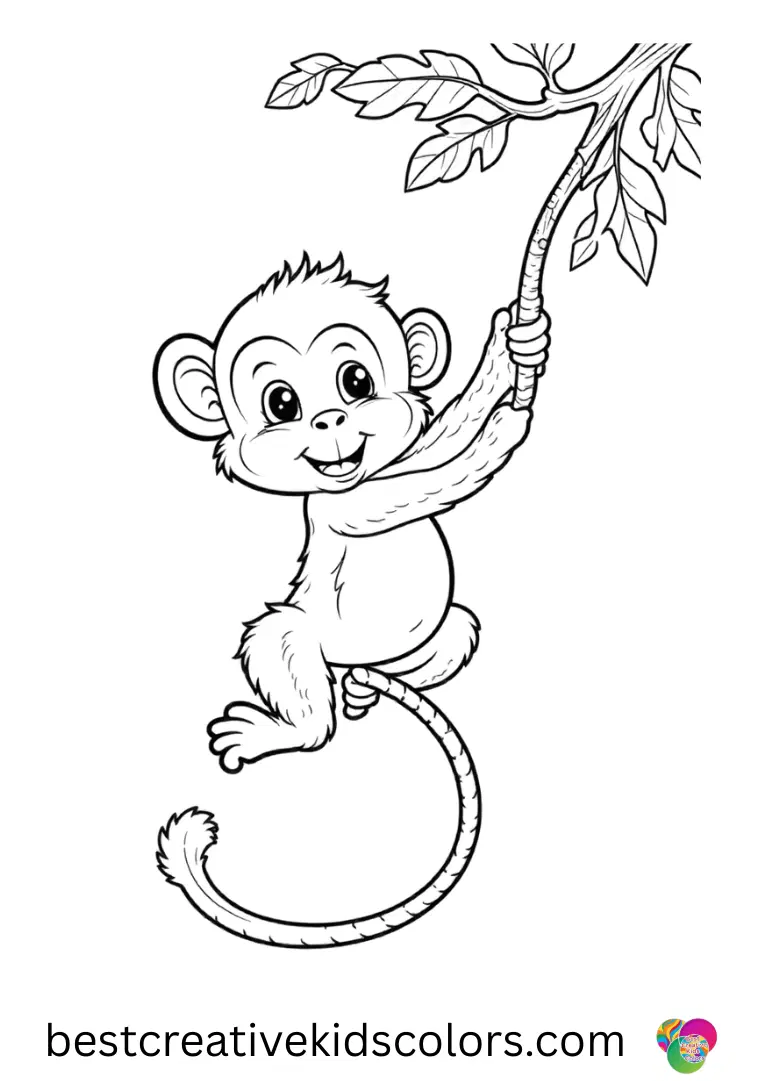 A spider monkey dangles by its tail while holding a vine in Spider monkey swinging through the jungle coloring pages