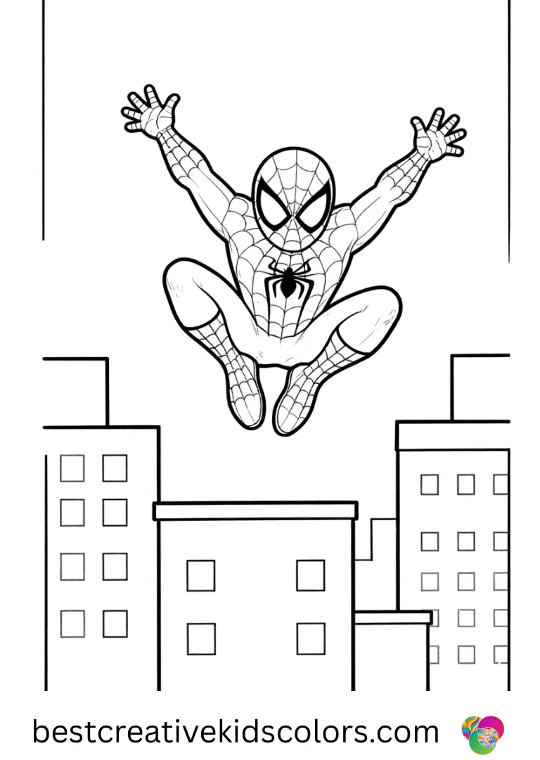Spiderman Coloring Pages show him mid-flip above the city with simple outlines and white space.