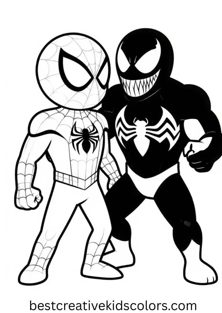 Rounded cartoon figures clash gently in Spiderman and venom coloring page easy with a clear background.