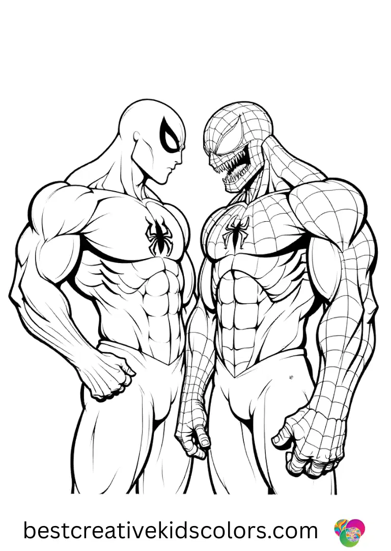 Muscular tension is shown in Spiderman and venom coloring page for adults with wide open background.