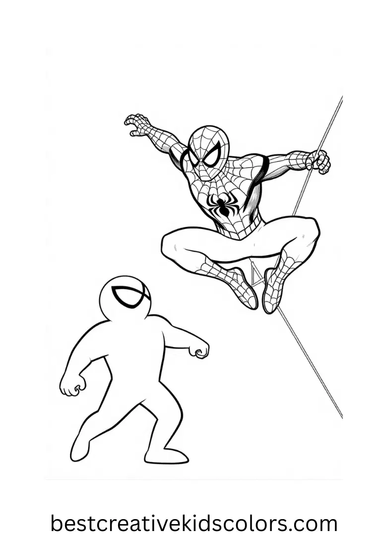 Spiderman swings through the air as Venom stretches toward him in Spiderman and venom coloring page free.