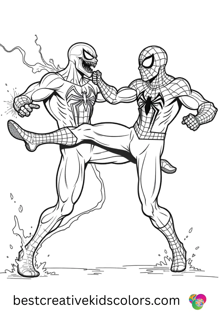 Venom blocks a spinning kick from Spiderman in Spiderman and venom coloring page pdf free scene.