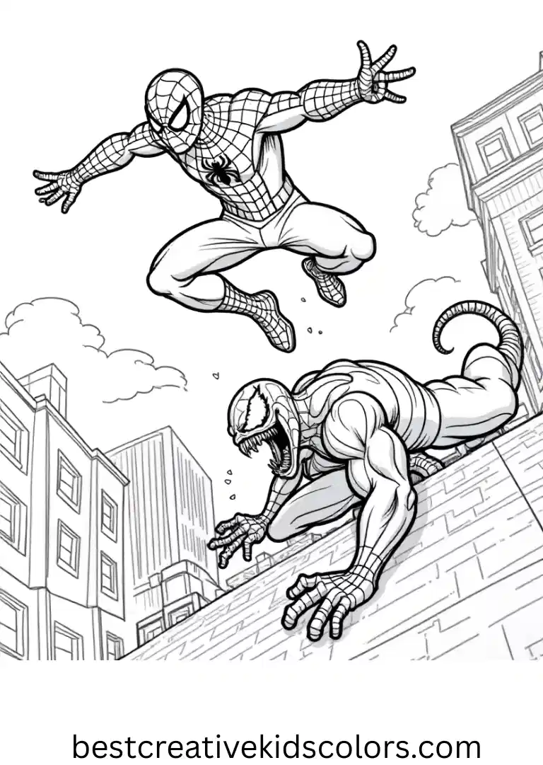 A rooftop chase shows Spiderman flipping while Venom lunges in Spiderman and venom coloring page pdf.