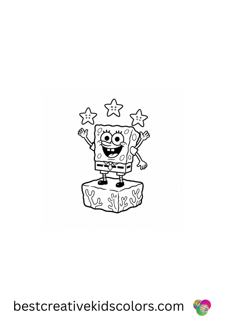 SpongeBob Coloring Pages shows SpongeBob juggling colorful starfish on a floating coral block.