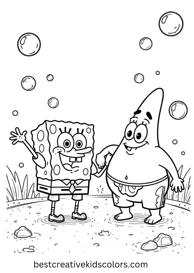 A burst of bubbles fills the scene as SpongeBob and Patrick celebrate their friendship.