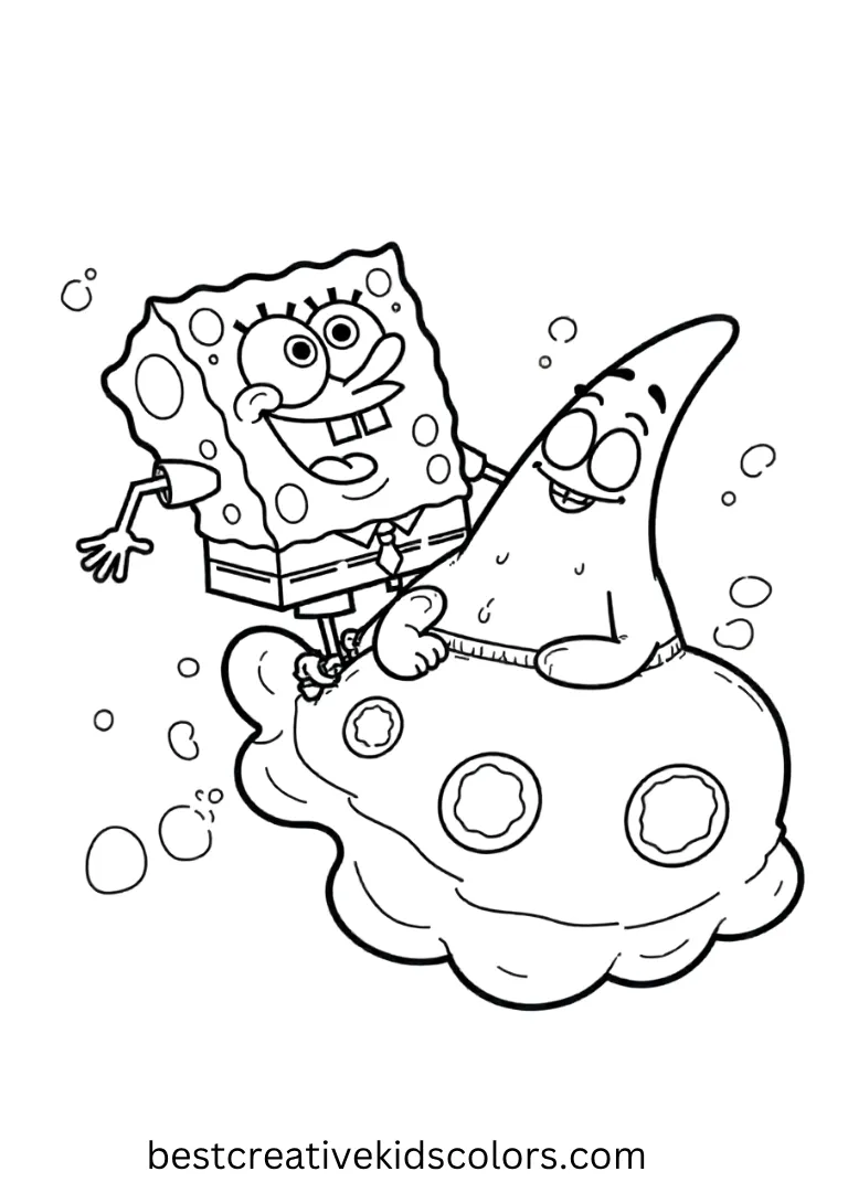 SpongeBob and Patrick ride gently on jellyfish, enjoying the peaceful sea.