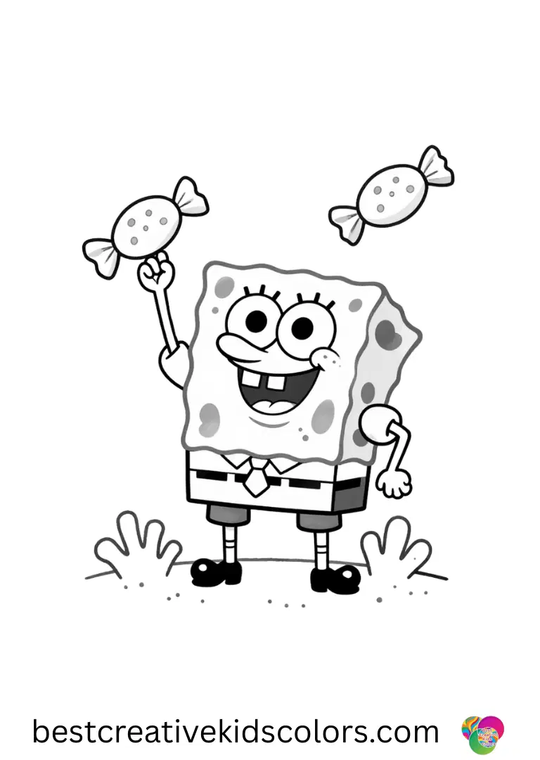 SpongeBob coloring page printable captures SpongeBob balancing candy star ornaments on coral spikes.