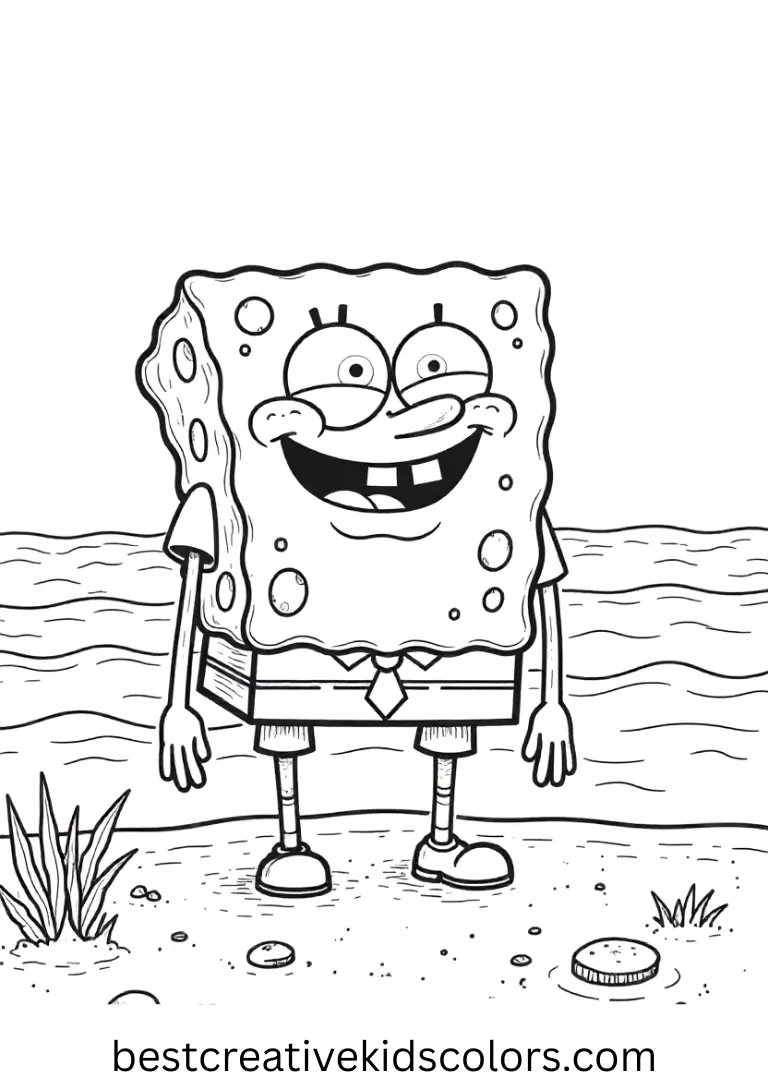 SpongeBob relaxes beside calm waves with open outlines in SpongeBob coloring pages for adults.