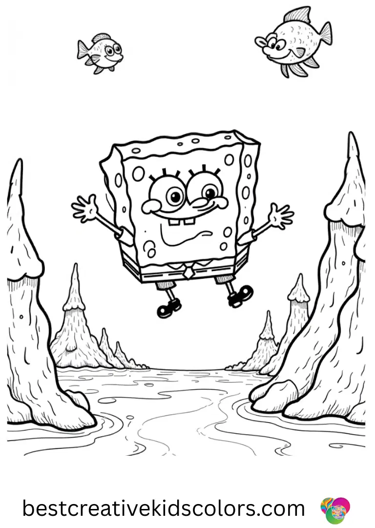 SpongeBob floats near coral towers with friendly fish in SpongeBob printables free.