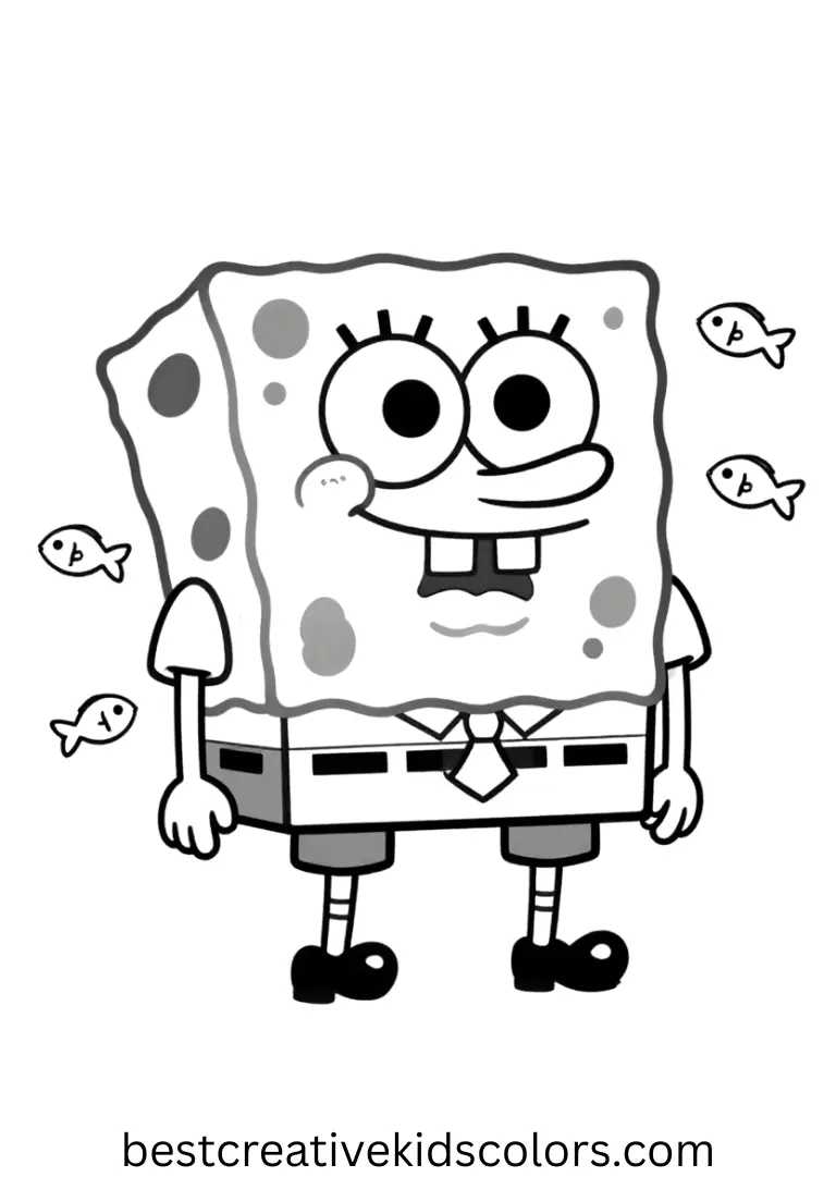 SpongeBob floats happily with tiny fish around him in Spongebob color pages free.