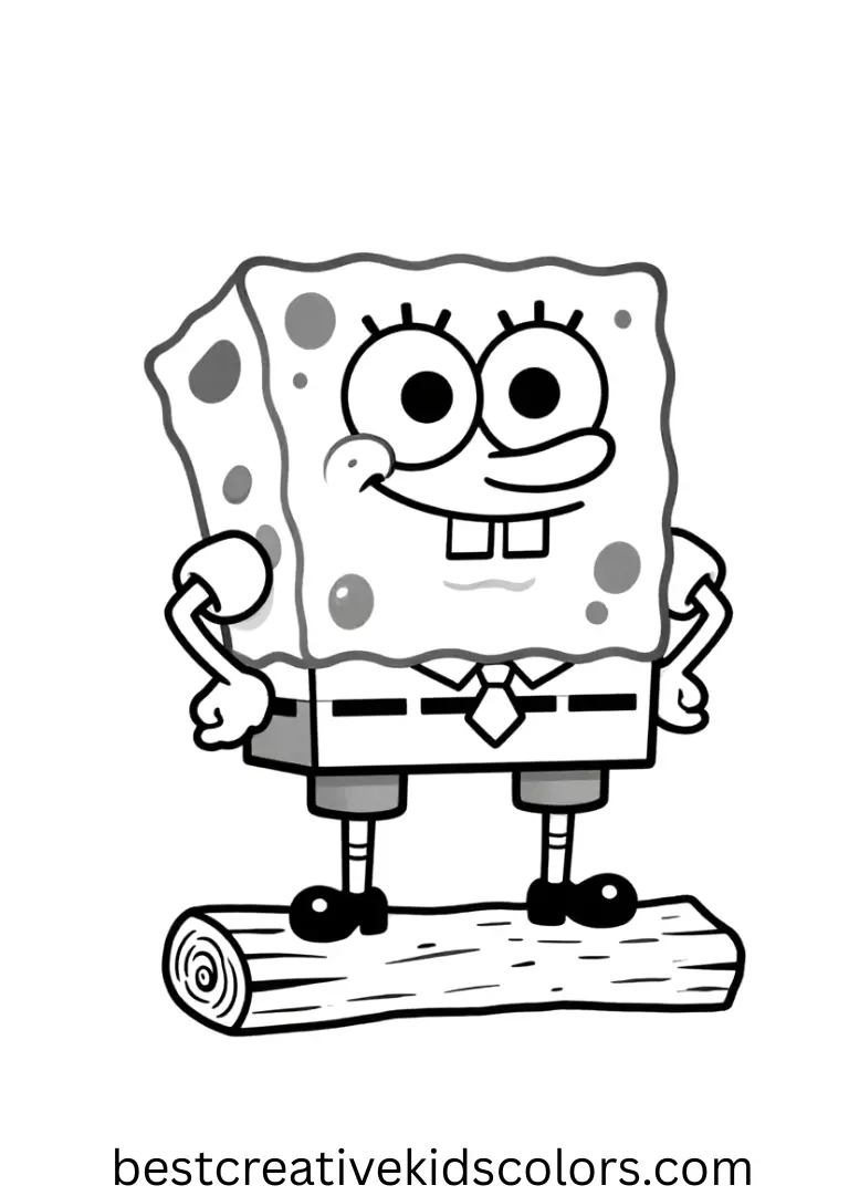 SpongeBob balances on a tiny driftwood plank in Spongebob coloring sheet easy.