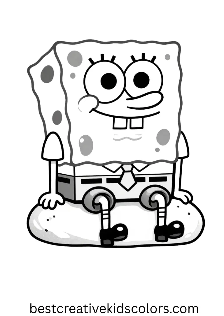 SpongeBob meditates on a calm ocean rock in Spongebob coloring sheet for adults.