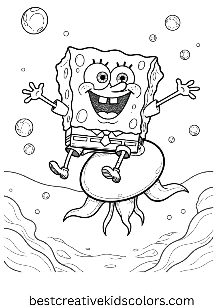 SpongeBob rides a small jellyfish through bubbles in Spongebob coloring sheet free.