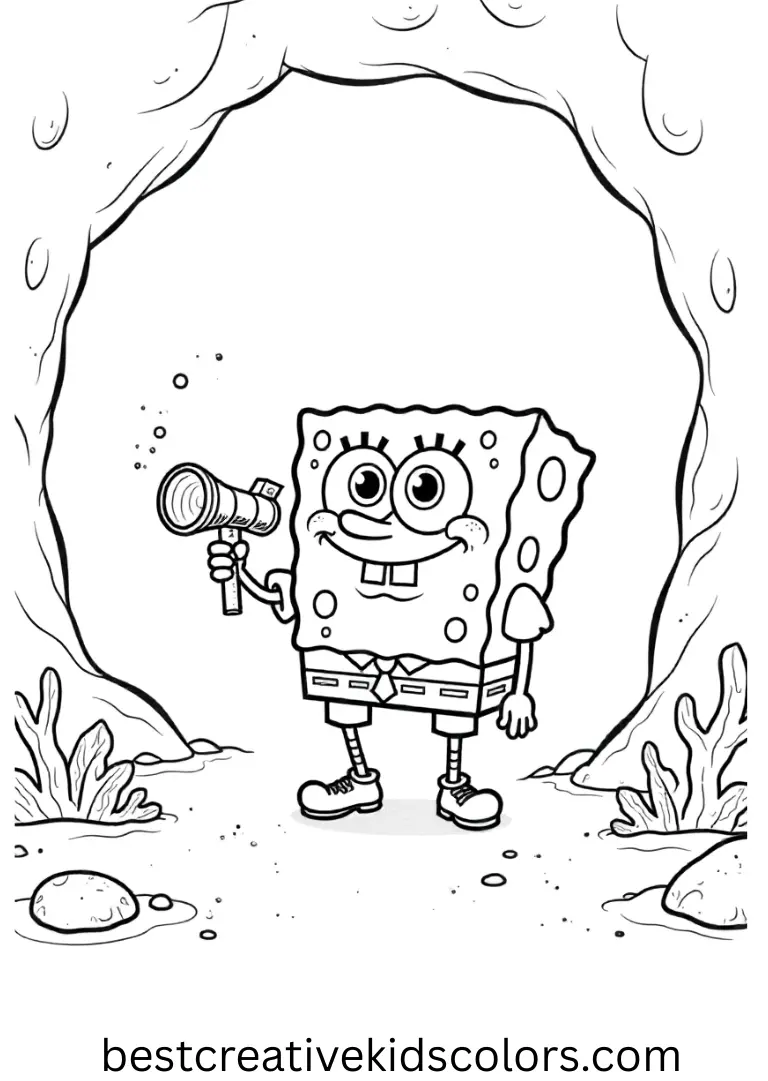 SpongeBob discovers a hidden coral cave in Spongebob coloring sheet pdf free.