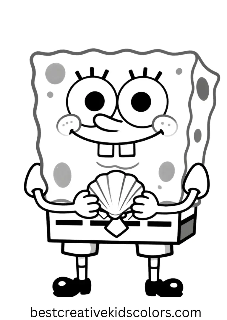 SpongeBob holds a small seashell treasure in Spongebob coloring sheet pdf.