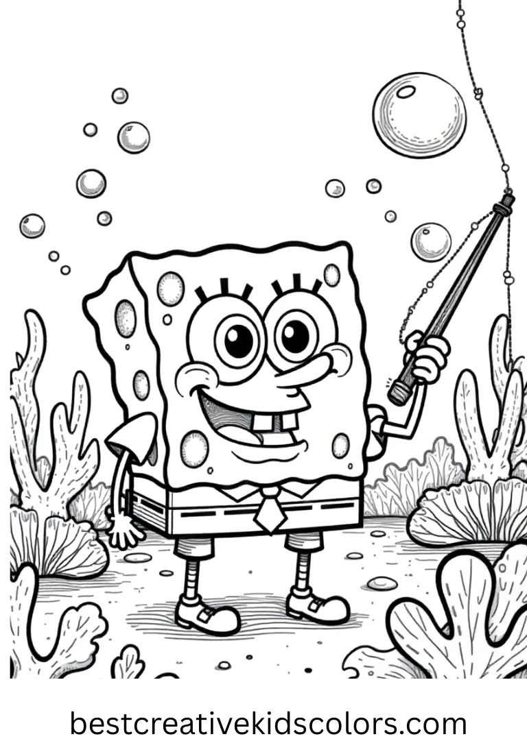 SpongeBob fishes for tiny bubbles near a coral garden in Spongebob coloring sheets pdf free download.