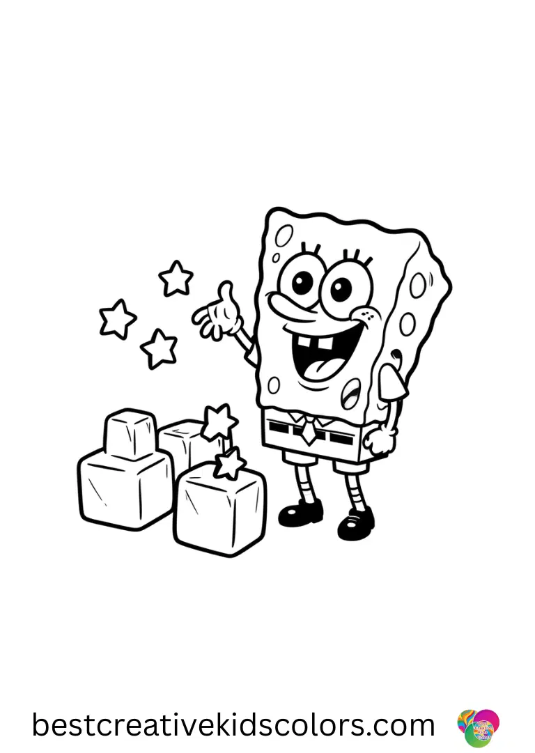 Spongebob colouring pages free disney captures SpongeBob tossing tiny candy stars toward ice blocks.