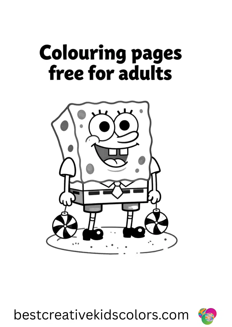 Spongebob colouring pages free for adults shows SpongeBob stacking peppermint ornaments on a coral mound.