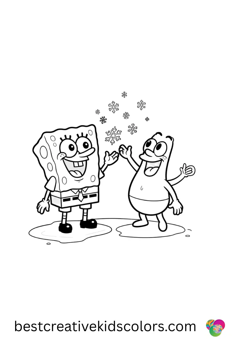 Spongebob patrick coloring pages disney shows SpongeBob and Patrick tossing tiny glittery snowflakes on ice.