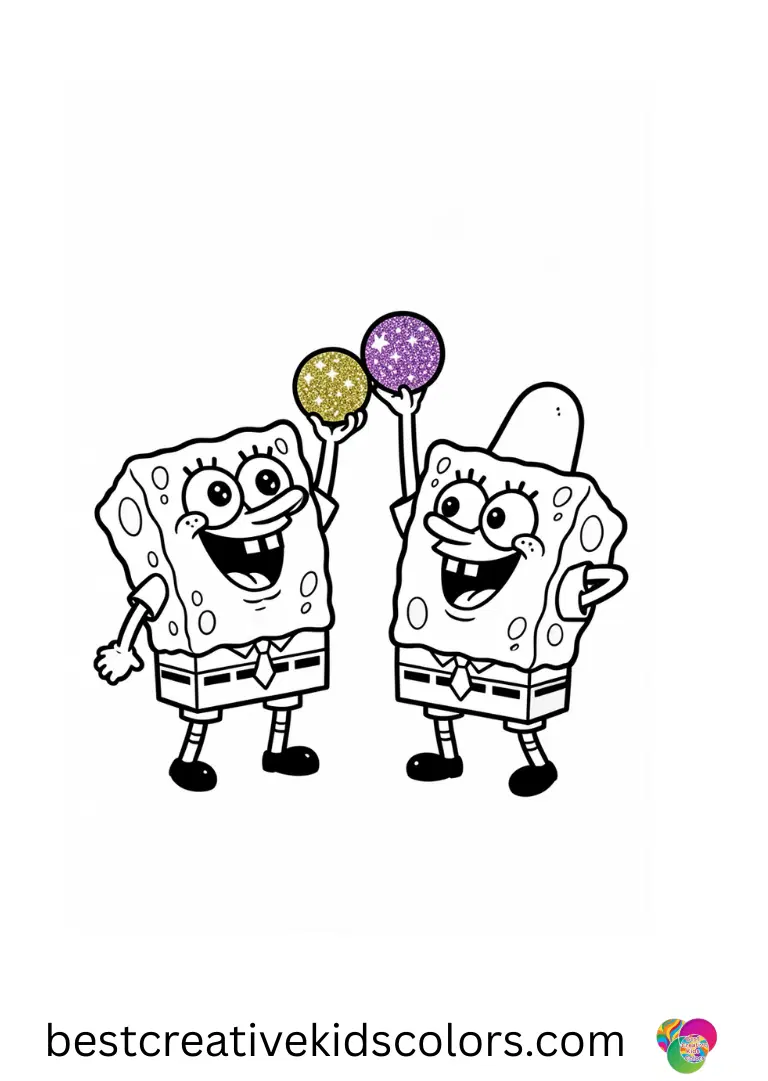Spongebob patrick coloring pages free shows SpongeBob and Patrick tossing glittery coral balls together.
