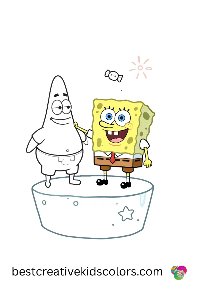 Spongebob patrick coloring pages pdf captures SpongeBob and Patrick balancing tiny candy stars on ice.