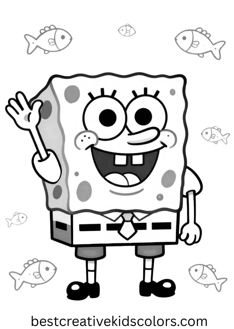 SpongeBob waves at tiny fish friends in Spongebob squarepants coloring pages free printable disney.