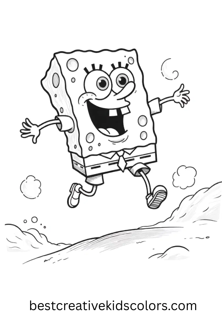 SpongeBob hops along sandy mounds with wide, open shapes in Spongebob squarepants coloring pages free printable easy.