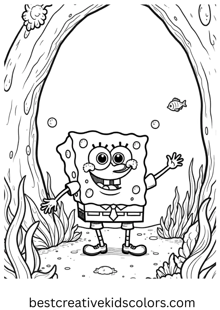SpongeBob explores a coral arch with playful fish in Spongebob squarepants coloring pages free printable pdf.