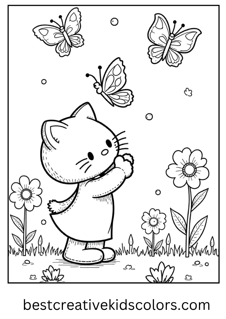Spring Butterflies Hello Kitty Coloring Page