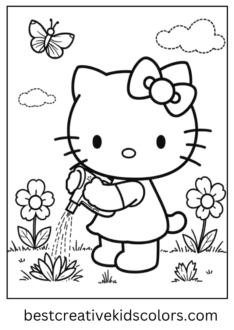 Spring Garden Hello Kitty Coloring Page