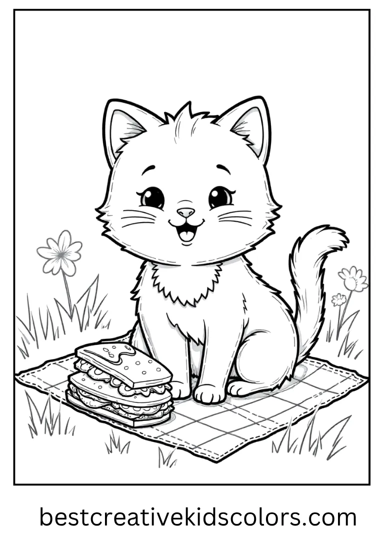 Spring Picnic Kitty Seasons Coloring Page