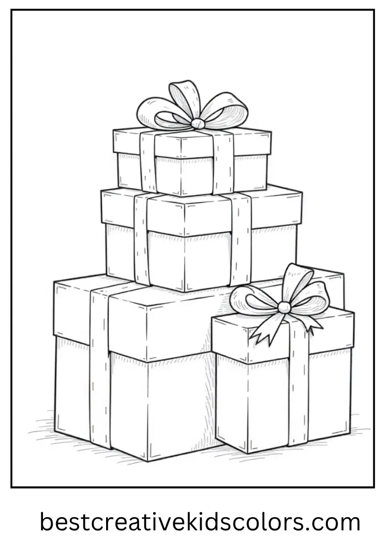 Stack of Wrapped Gifts Coloring Outline A neat pile of presents tied with bows and ribbons.