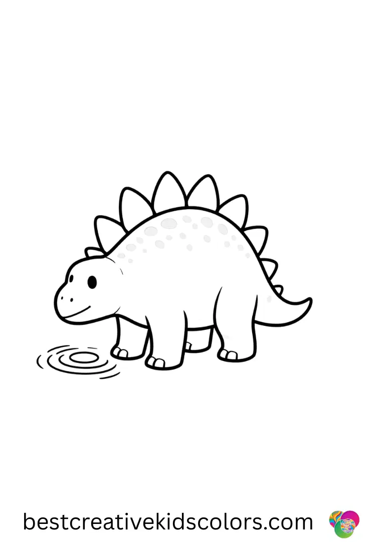 Stegosaurus Coloring depicts a calm stegosaurus observing gentle ripples in a small puddle.
