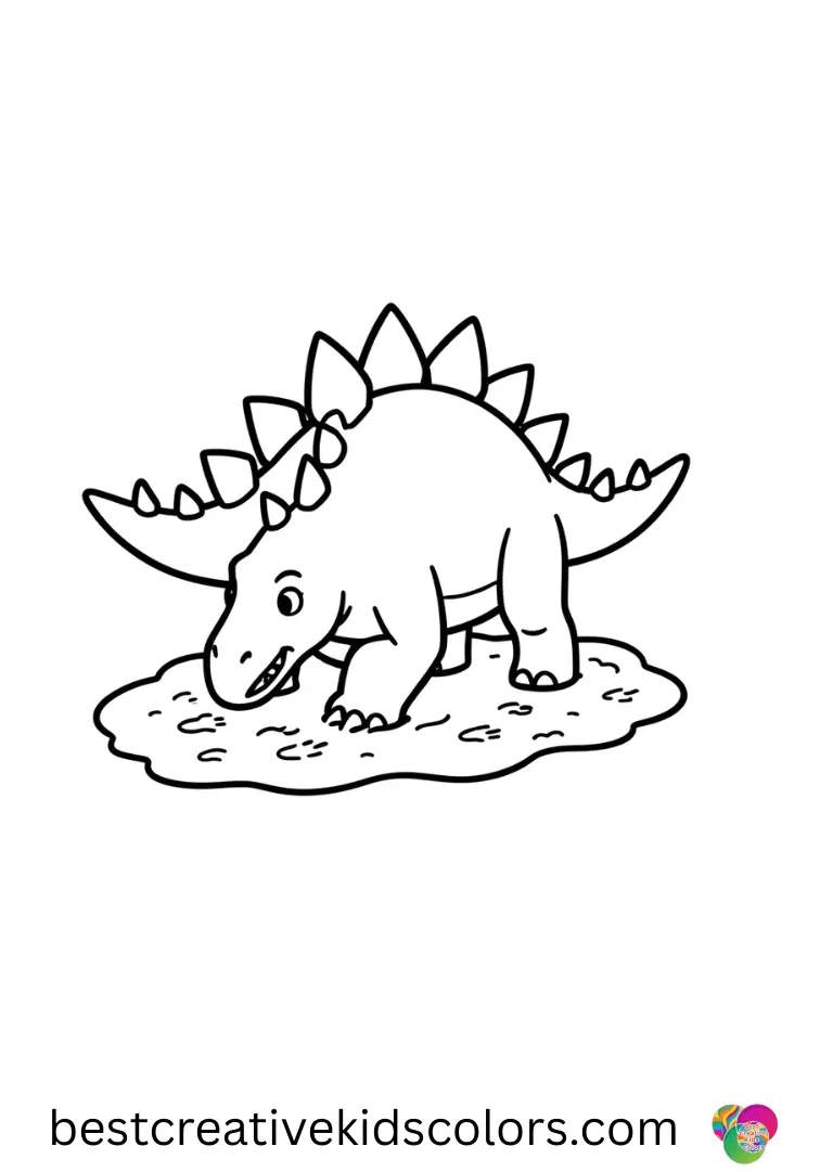 Stegosaurus dinosaur coloring page easy shows a stego pressing tiny footprints into soft mud.