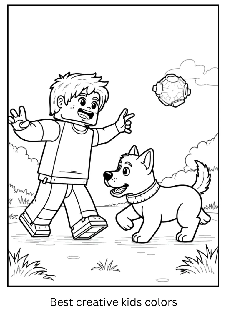 Steve Minecraft Coloring Sheet – Playing with Pet Dog