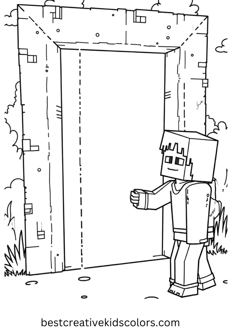 Steve stands near a portal frame with eyes.