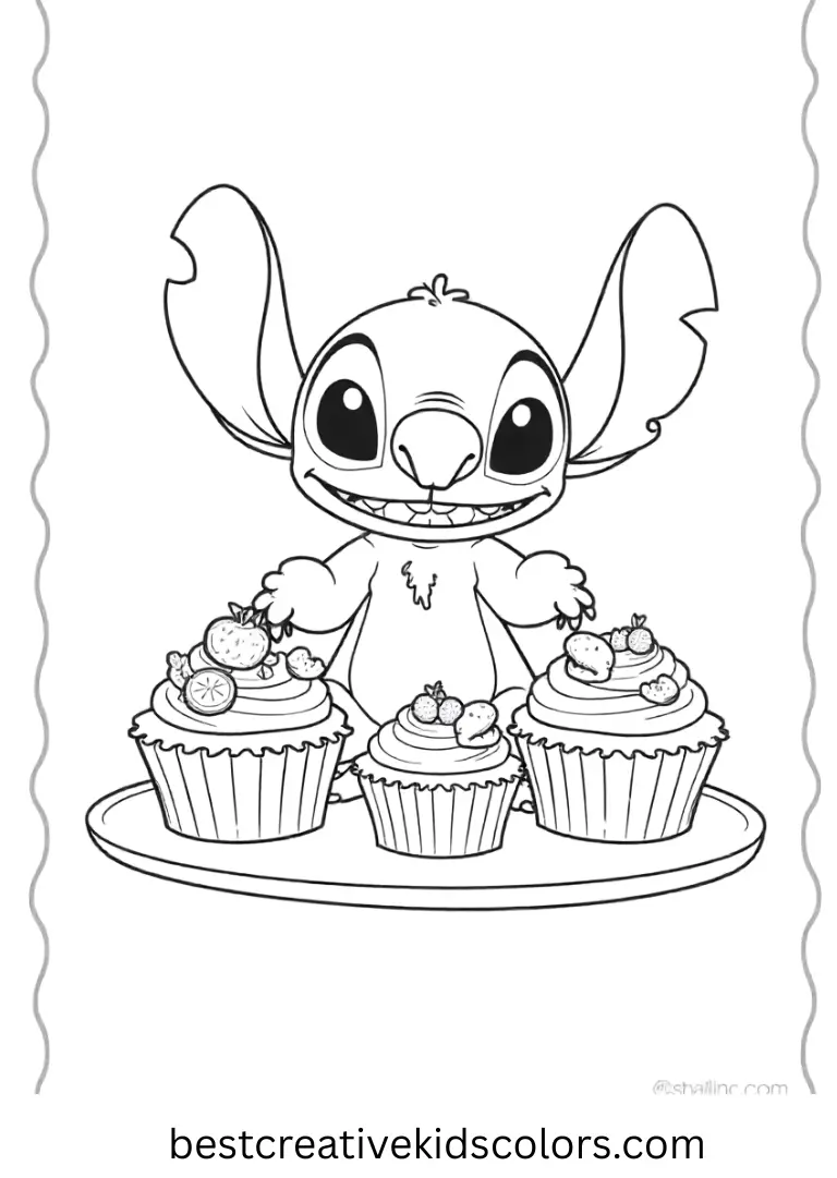 Stitch decorates colorful cupcakes with fruit and sprinkles.