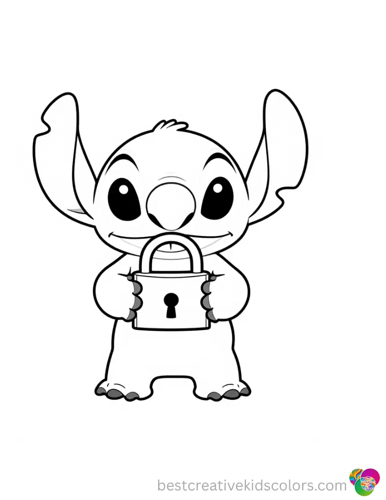 Stitch safely holds a heavy brass padlock in stitch black and white coloring pages.