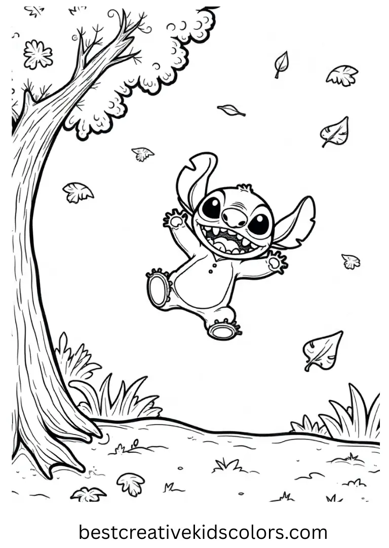 Stitch stretches to catch swirling golden leaves on a breezy autumn day.