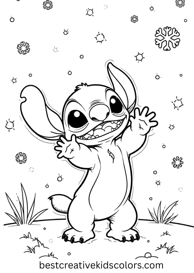 Stitch Catching Snowflakes Coloring Sheet